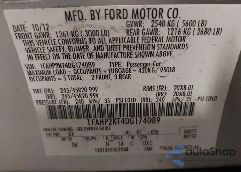 2013 Ford Taurus Sho z USA, uszkodzony, nr VIN 1FAHP2KT4DG174089